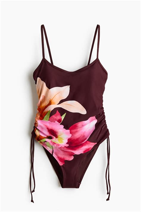 Padded-cup High Leg Swimsuit - Burgundy/Flower - Ladies | H&M IN