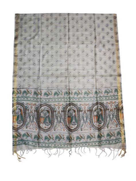 Green & Cream Madhubani Print Unstitched Silk Salwar Suit with Dupatta