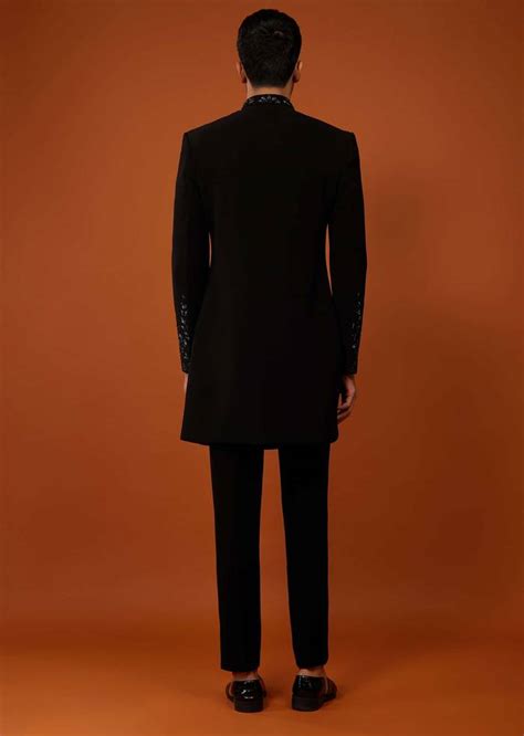 Black Embroidered Indo-Western Sherwani Set In Imported Suiting Fabric