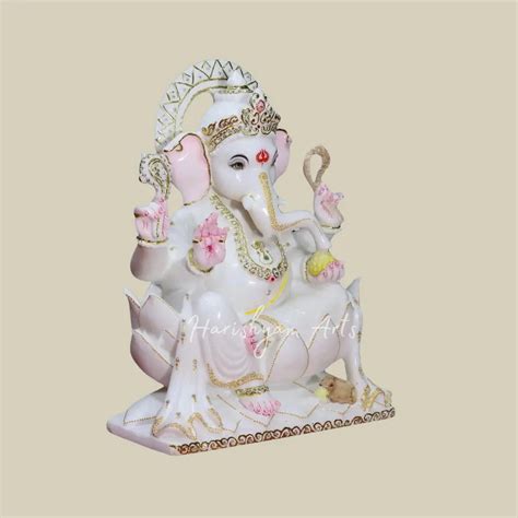 18 inches Chaturbhuja Lord Ganesha On Lotus Throne Makrana Marble Moor