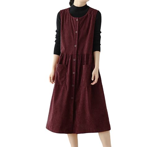 Corduroy Dresses for Women Crew Neck Sleeveless Midi Dress with Pockets ...