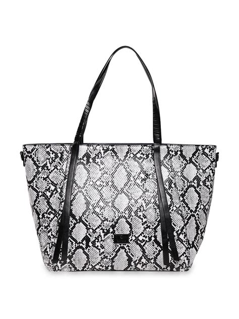Caprese Saylor Snakeskin Print Black Faux Leather Large Tote Handbag ...