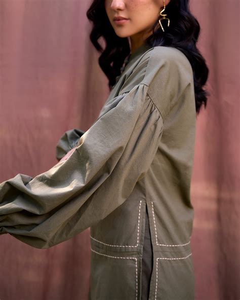 Kantha Embroidered Bishop Sleeves Top - Earthy Olive – Skaasa Clothing ...