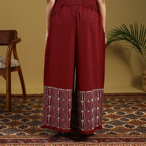 Maroon Cotton Bengal Kantha Hand Embroidery Palazzo
