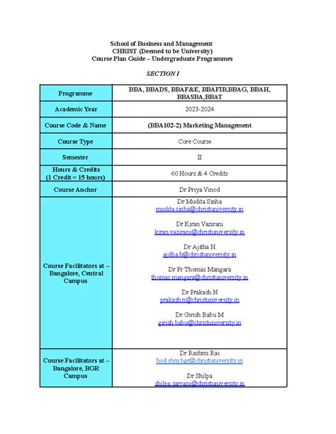 BBA MM Course PLAN - School of Business and Management CHRIST (Deemed ...