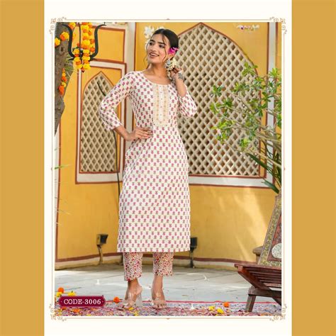 Divine Elegance: Soft Peach Floral Butta Print Kurti & Pant Ensemble ...