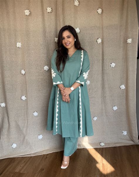 Pastle greyish green appliqué work kurta with pants in cotton