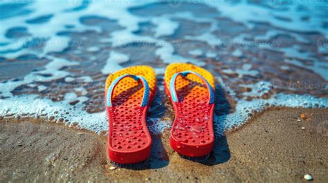 Red and Yellow Shoes on Sandy Beach 49151664 Stock Photo at Vecteezy