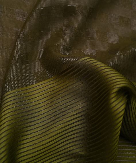 Olive Green Crepe Fabric with Zari Stripes and Satin Border – Fabric Depot
