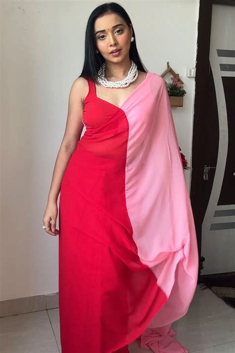 Trendy 1-Minute Ready To Wear Red and Pink Georgette Saree – thelotusfab