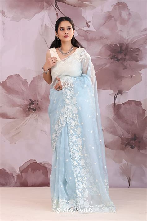 Powder Blue Organza Tissue Saree With Scallop Border| Singhania's