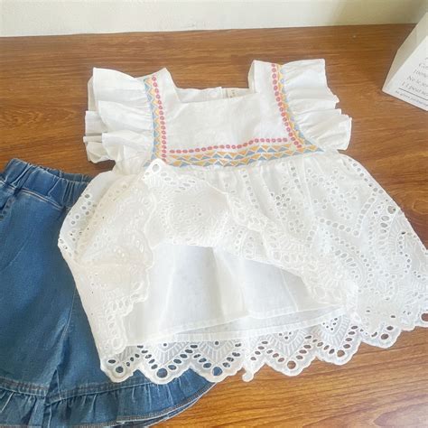 Eyelet embroidered top and denim shorts set – BabyMonk