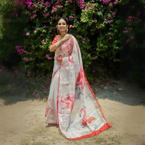 Orange Pattern Print Soft Organza Silk Saree for Women – Kalyanja