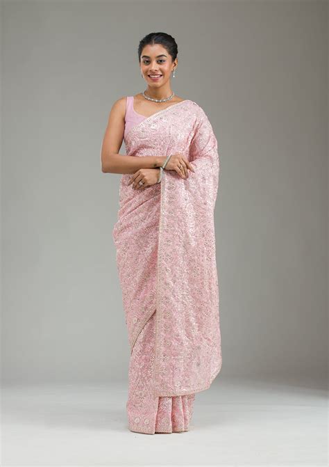 Buy Baby Pink Threadwork Tissue Saree - Koskii