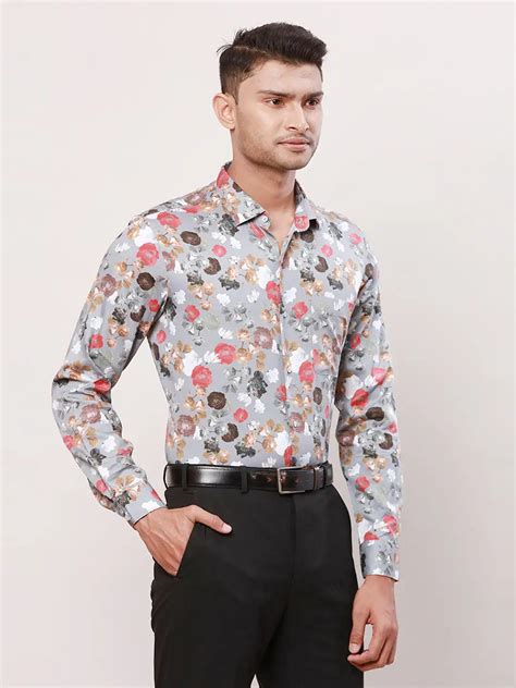 Raymond Men Grey Print Contemporary Fit Cotton Regular Collar Shirt ...