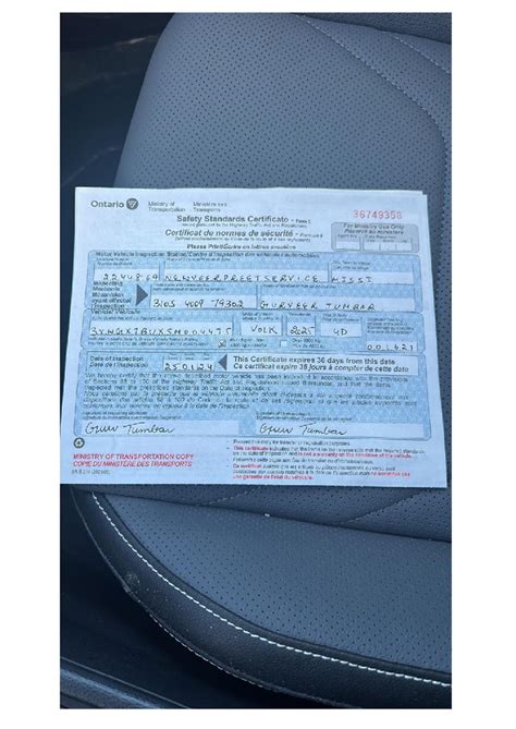 Ontario Ministry of Transportation Safety Standards Certificate - Form ...