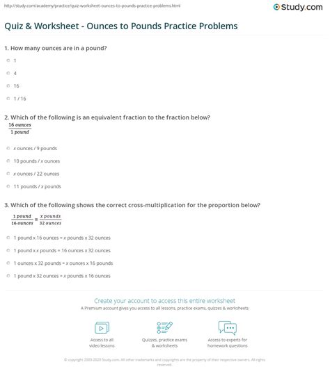 Quiz & Worksheet - Ounces to Pounds Practice Problems | Study.com