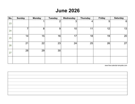 June Calendar 2026 Template Printable