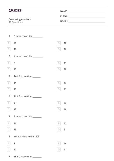 50+ Comparing Numbers 11-20 worksheets for 1st Class on Quizizz | Free ...
