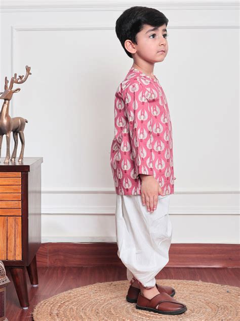 Polka Tots Full Sleeve Bird Print Angrakha Top With Dhoti - Pink ...