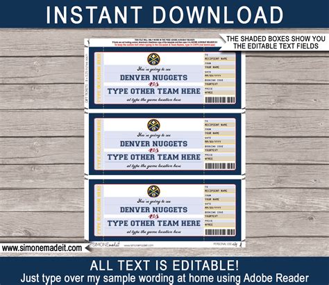 Denver Nuggets Game Ticket Gift Voucher | Printable Surprise NBA ...