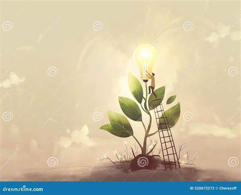 Man on Ladder Reaching for Light Bulb Growing on Plant Stock Photo ...