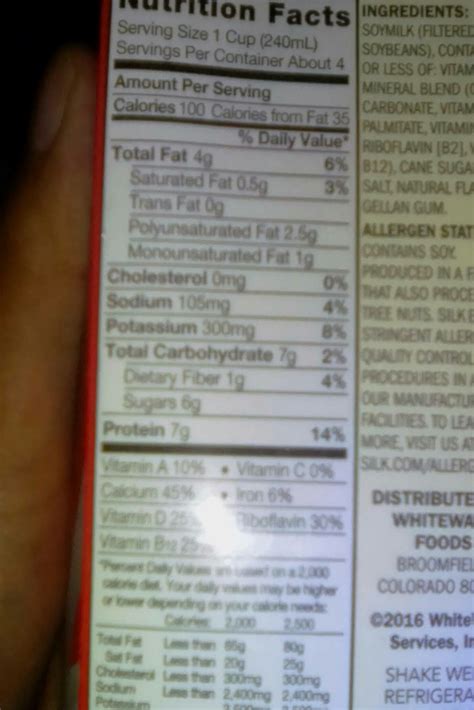 Silk Soy Milk Nutrition Label