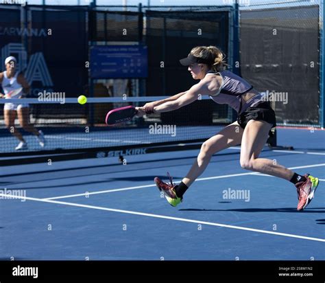 Genie Bouchard hits a backhand drive during the PPA Las Vegas Open on ...