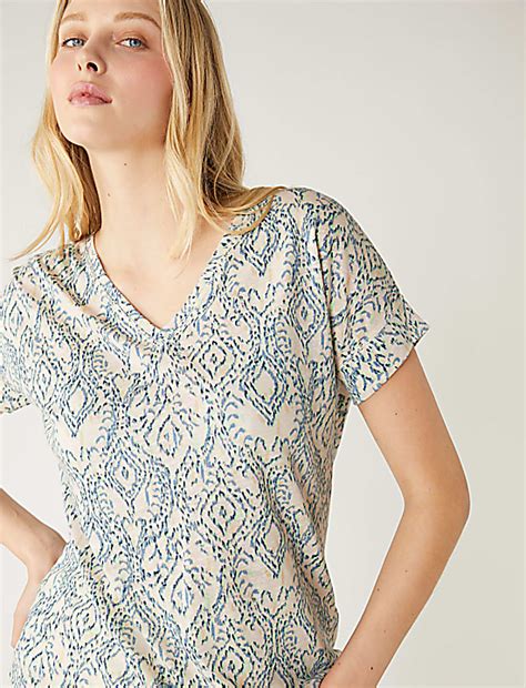 Buy Linen Rich Printed V-Neck T-Shirt at Marks & Spencer