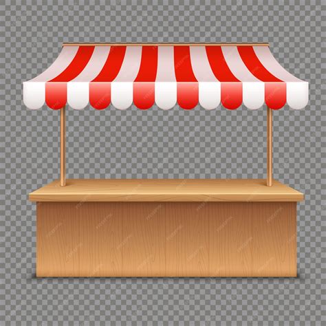 Empty market stall. wooden tent with red and white striped awning on ...