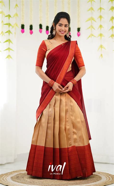 Padmakshi Blended Silk Half Saree - Golden Beiga and Reddish Maroon ...