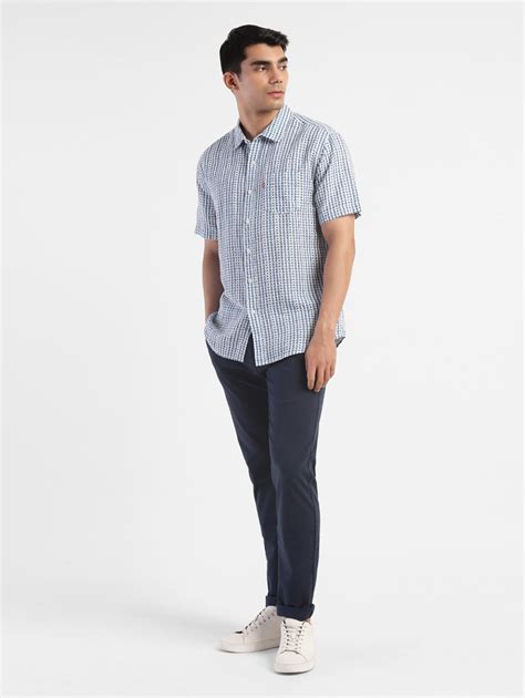 Men's Geometric Print Spread Collar Linen Shirt Blue – Levis India Store