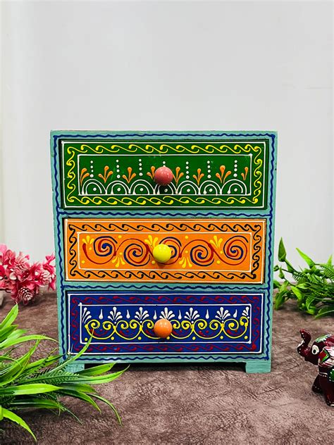 Handmade Wooden Hand-Painted 3 Drawer Chest – Ethnic Jewelry Organizer ...