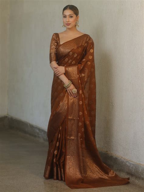 Banarasee Georgette Saree With Antique Zari Buta Design & Border-Brown