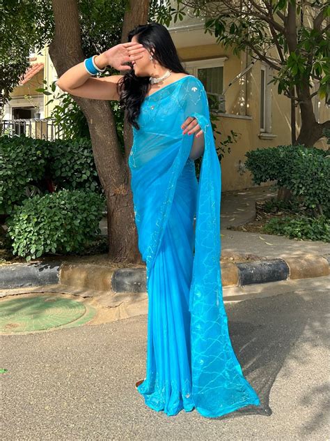 Buy heavy pallu embroidered border festive chiffon saree in sky blue ...