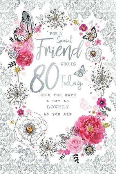 Happy 80th Birthday Greeting Card with Flowers and Butterflies