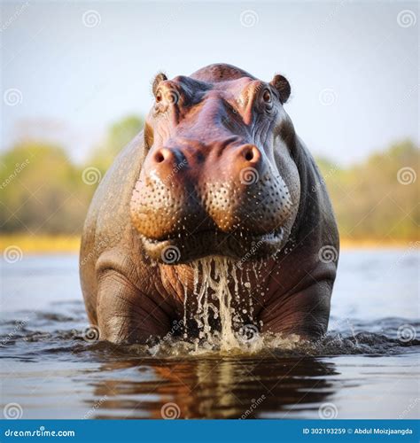 Assertive Hippo Displays Aggressive Behavior, Asserting Dominance in Its Territory Stock ...