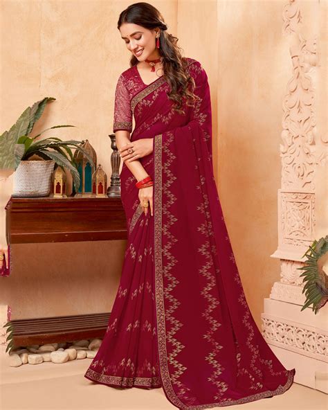 Vishal Prints Burgundy Georgette Saree With Foil Print And Zari Border