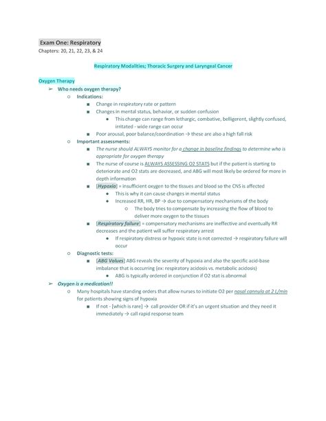 Exam 1 - Exam 1 Content (MUSC) - Exam One: Respiratory Chapters: 20, 21 ...