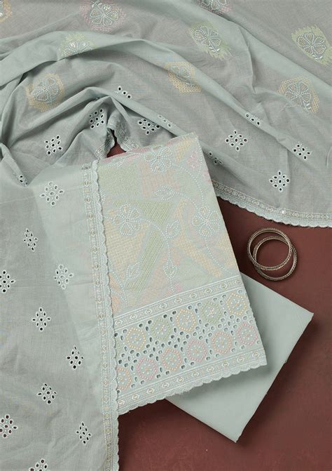 Buy Light Grey Thread Embroidery COTTON Unstitched Salwar Suit - Koskii