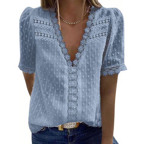 Usmixi Womens V Neck Chiffon Short Sleeve Boho Shirts, Ruffle Babydoll ...