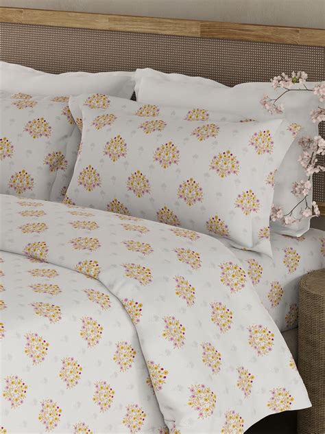 100% Kasturi Cotton King Bedsheet Set, 200 TC White Yellow & Pink Flor ...