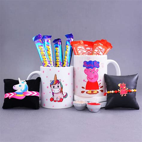 Send Unicorn Rakhi N Peppa Pig Rakhi with Mugs N Chocolates Online