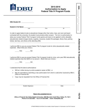 Fillable Online www2 dbu 15-16 Authorization to Use Title IV Funds ...