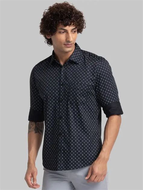 Men Black Slim Fit Print Cotton Blend Full Sleeve Cutway Collar Shirts ...