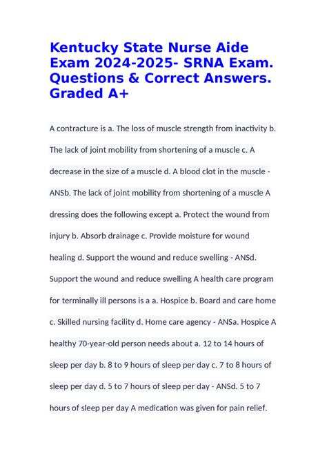 Kentucky State Nurse Aide Exam 2024-2025- SRNA Exam. Questions ...