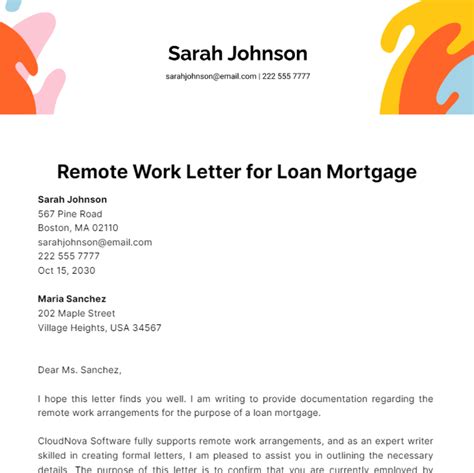Free Remote Work Letter for Loan Mortgage Template to Edit Online