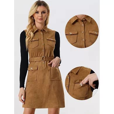 Women's Faux Suede Dress Turn Down Collar Tie Waist Sleeveless Button ...
