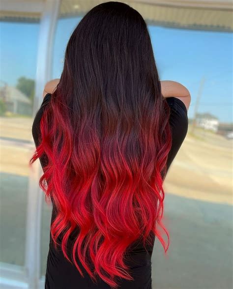 Black Hair Red Ombre, Black Hair Red Tips, Red Hair Fade, Vibrant Red ...