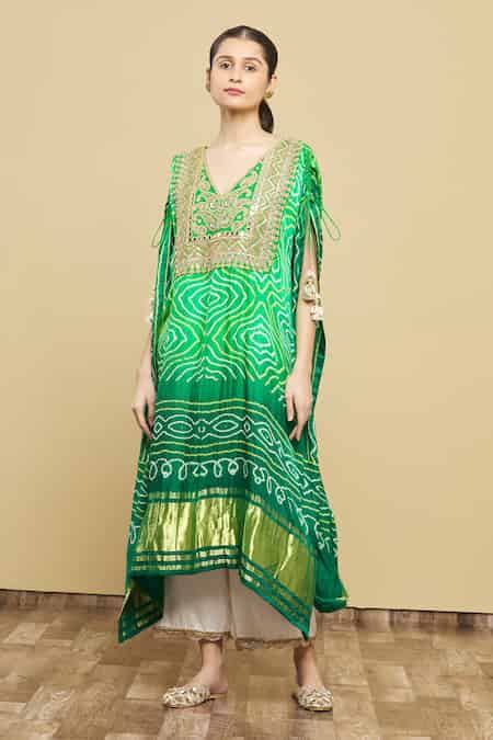 Buy Green Kaftan Silk Bandhani Pant Cotton Satin V Neck And Set For ...